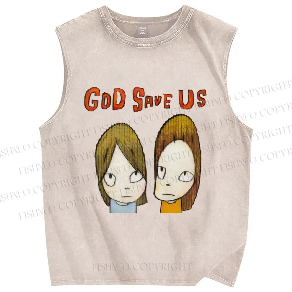 Unisex Yoshitomo Nara God Save Us Printed Washed Tank Top