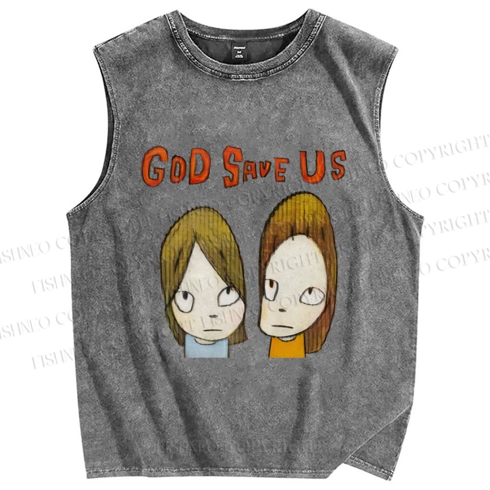 Unisex Yoshitomo Nara God Save Us Printed Washed Tank Top