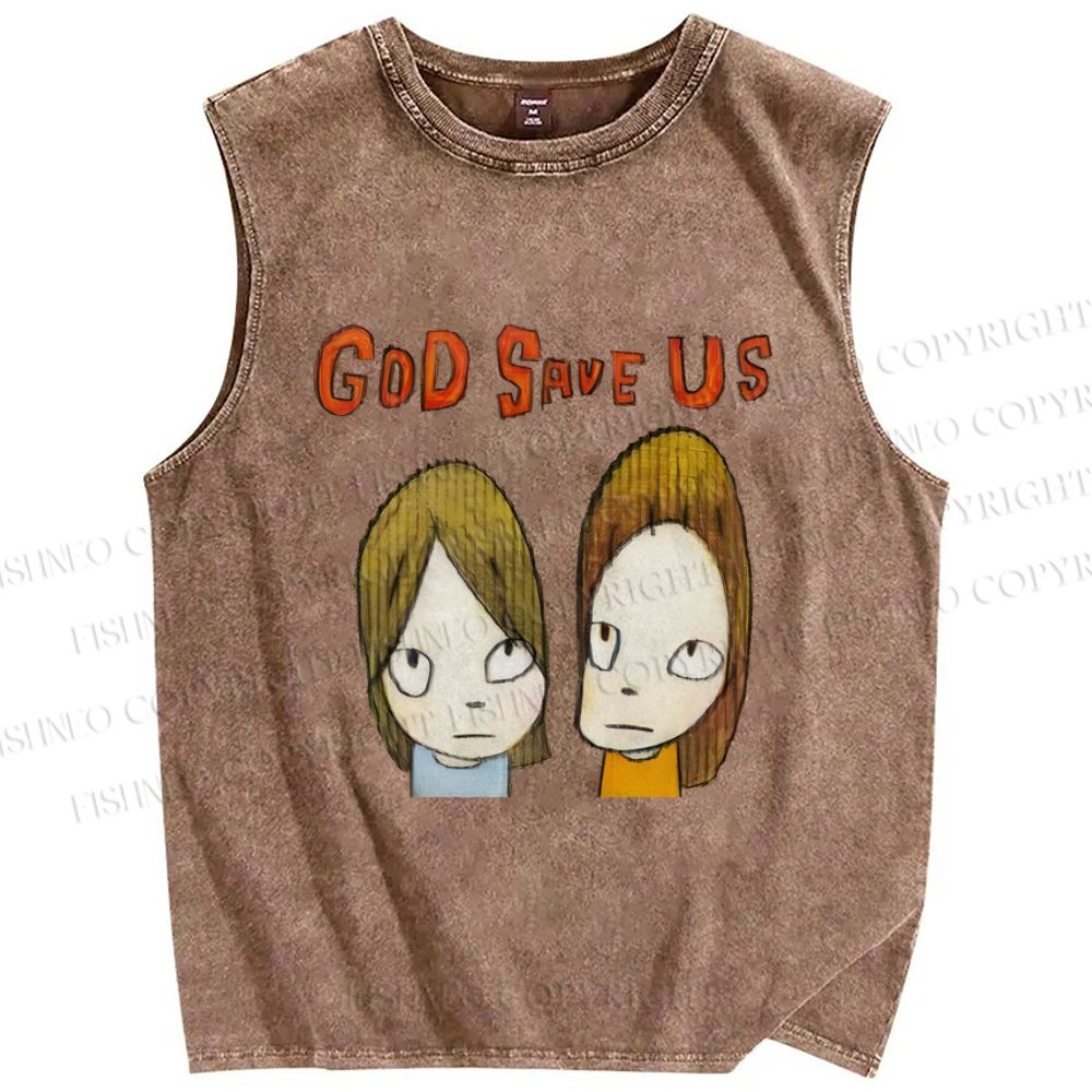 Unisex Yoshitomo Nara God Save Us Printed Washed Tank Top