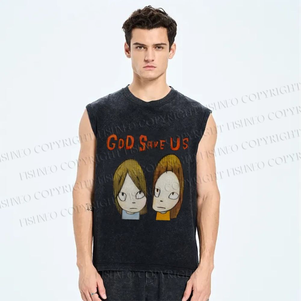 Unisex Yoshitomo Nara God Save Us Printed Washed Tank Top