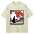 Unisex Japanese Ukiyo-e Wave Black Cat Printed Washed Tee