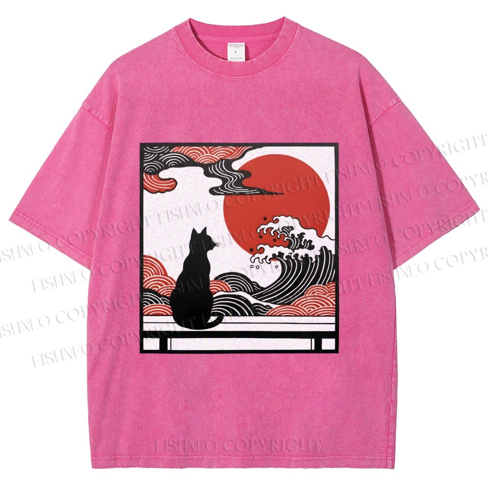 Unisex Japanese Ukiyo-e Wave Black Cat Printed Washed Tee