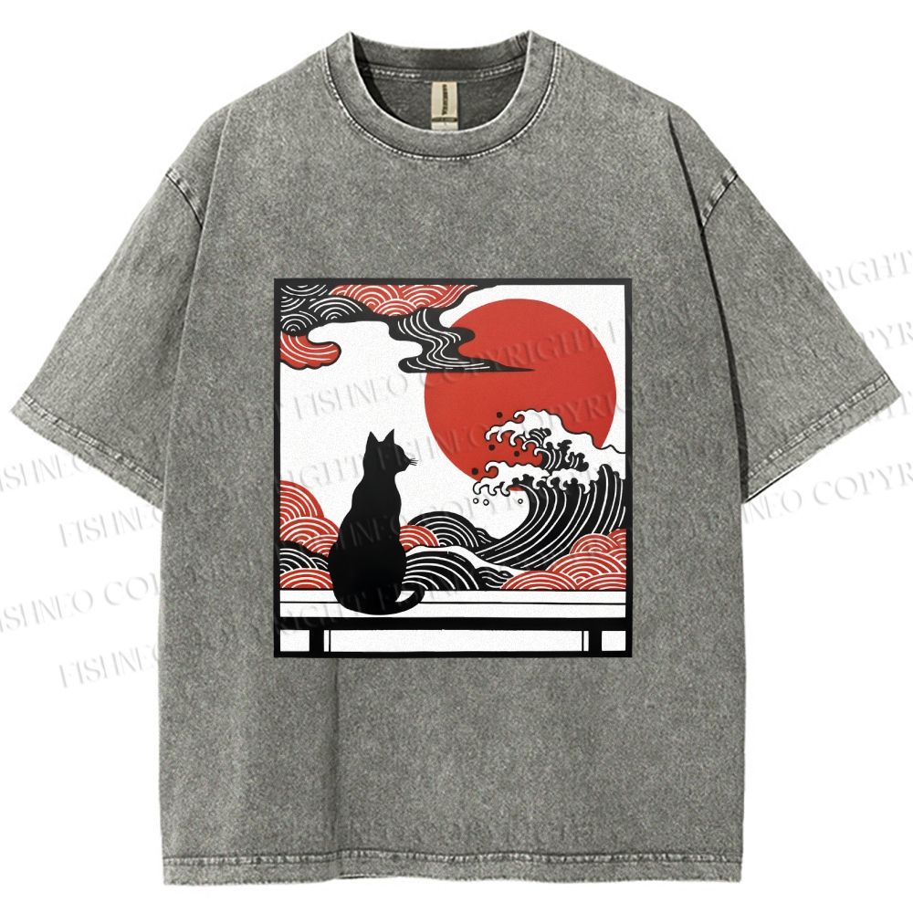 Unisex Japanese Ukiyo-e Wave Black Cat Printed Washed Tee