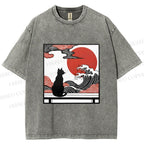 Unisex Japanese Ukiyo-e Wave Black Cat Printed Washed Tee