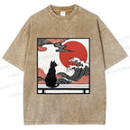 Unisex Japanese Ukiyo-e Wave Black Cat Printed Washed Tee
