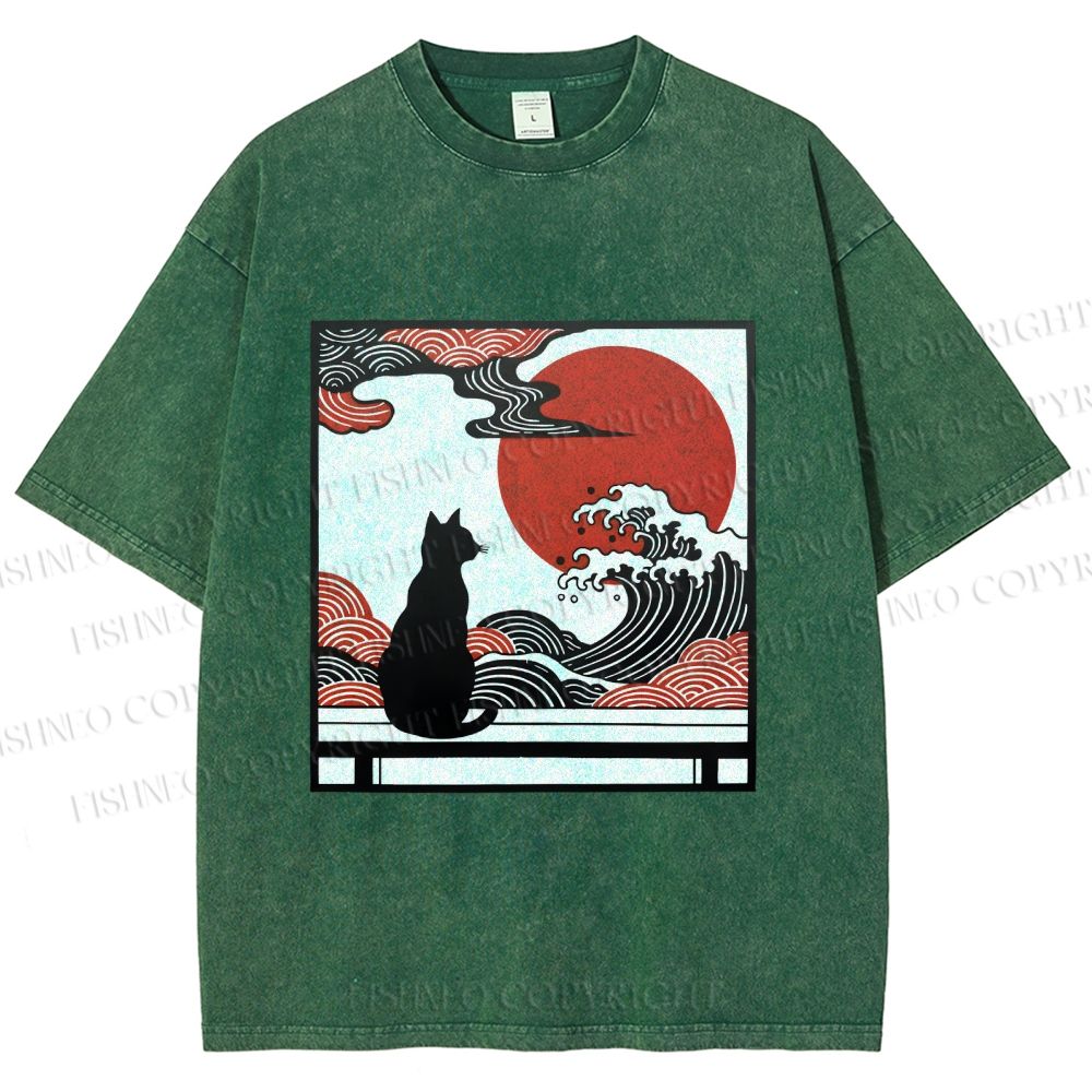 Unisex Japanese Ukiyo-e Wave Black Cat Printed Washed Tee