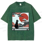 Unisex Japanese Ukiyo-e Wave Black Cat Printed Washed Tee