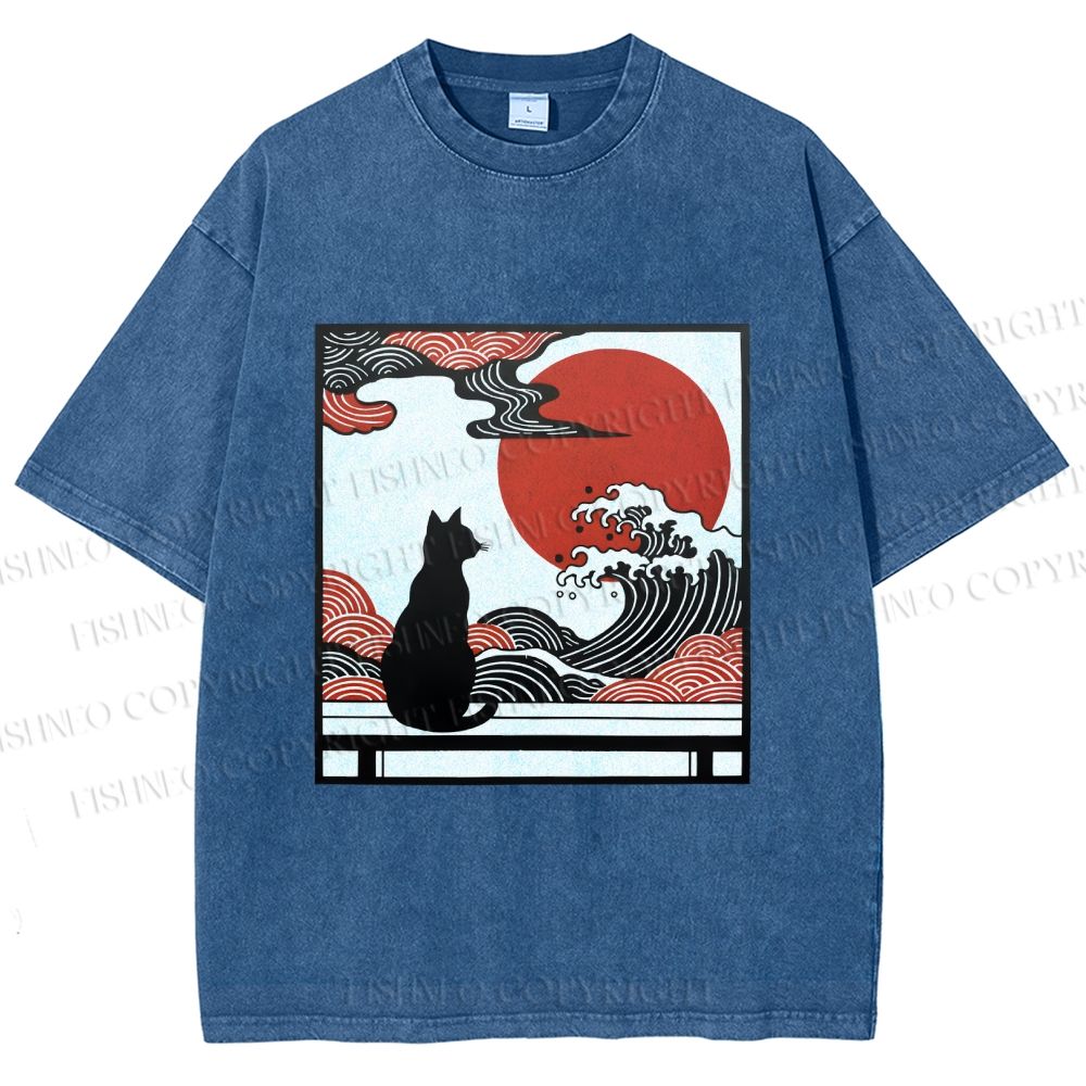 Unisex Japanese Ukiyo-e Wave Black Cat Printed Washed Tee