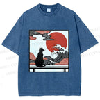 Unisex Japanese Ukiyo-e Wave Black Cat Printed Washed Tee