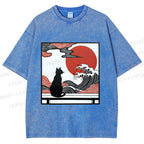 Unisex Japanese Ukiyo-e Wave Black Cat Printed Washed Tee