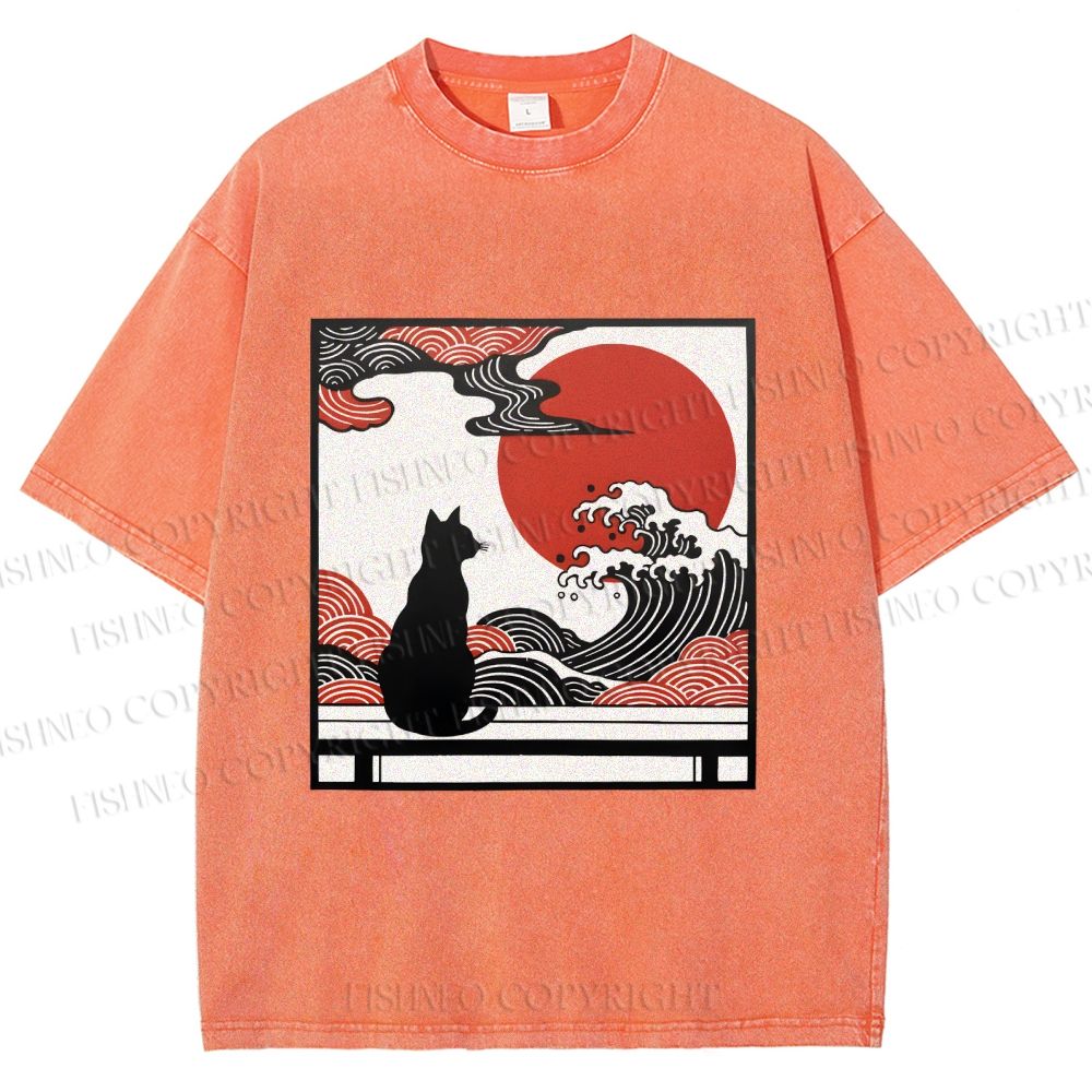 Unisex Japanese Ukiyo-e Wave Black Cat Printed Washed Tee