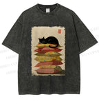 Unisex Sleeping Cat On The Pillows Printed Washed Tee