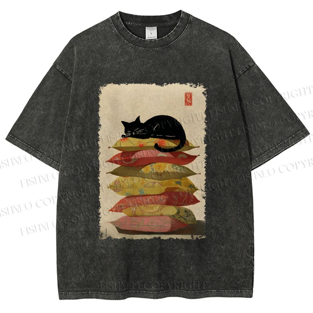 Unisex Sleeping Cat On The Pillows Printed Washed Tee