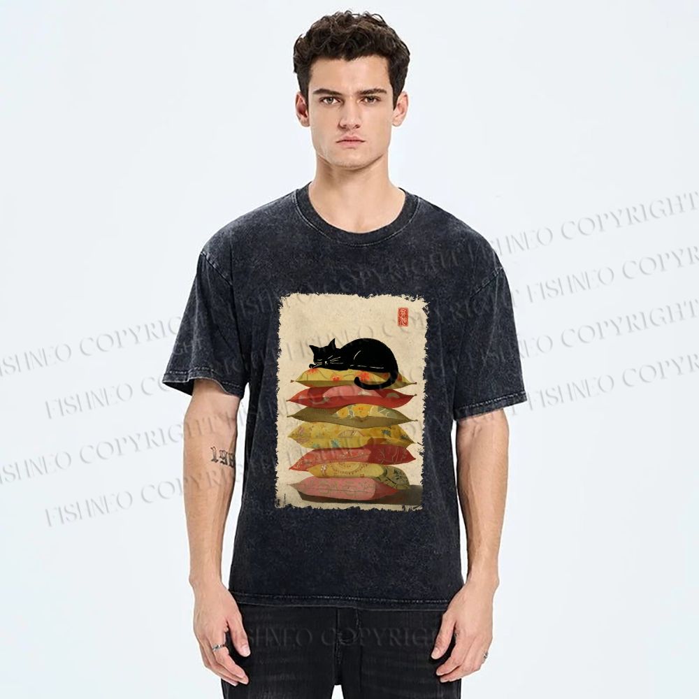 Unisex Sleeping Cat On The Pillows Printed Washed Tee