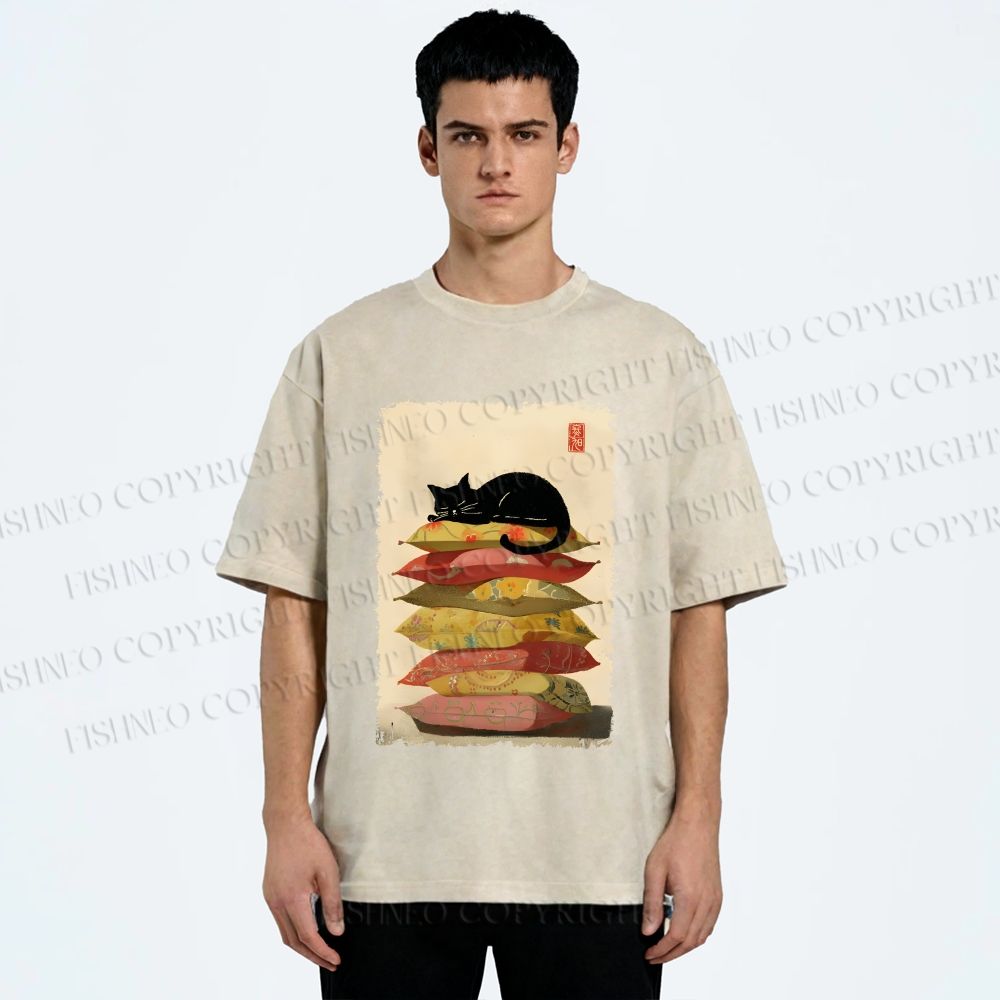 Unisex Sleeping Cat On The Pillows Printed Washed Tee