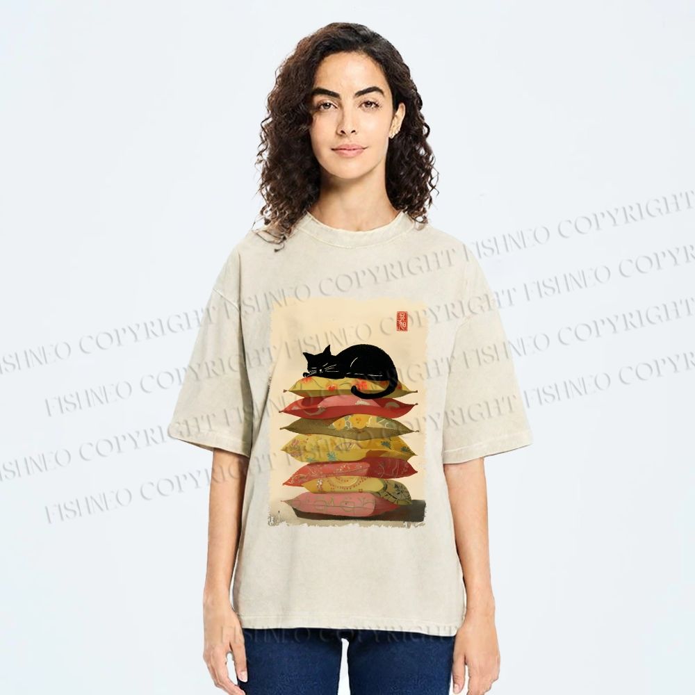 Unisex Sleeping Cat On The Pillows Printed Washed Tee