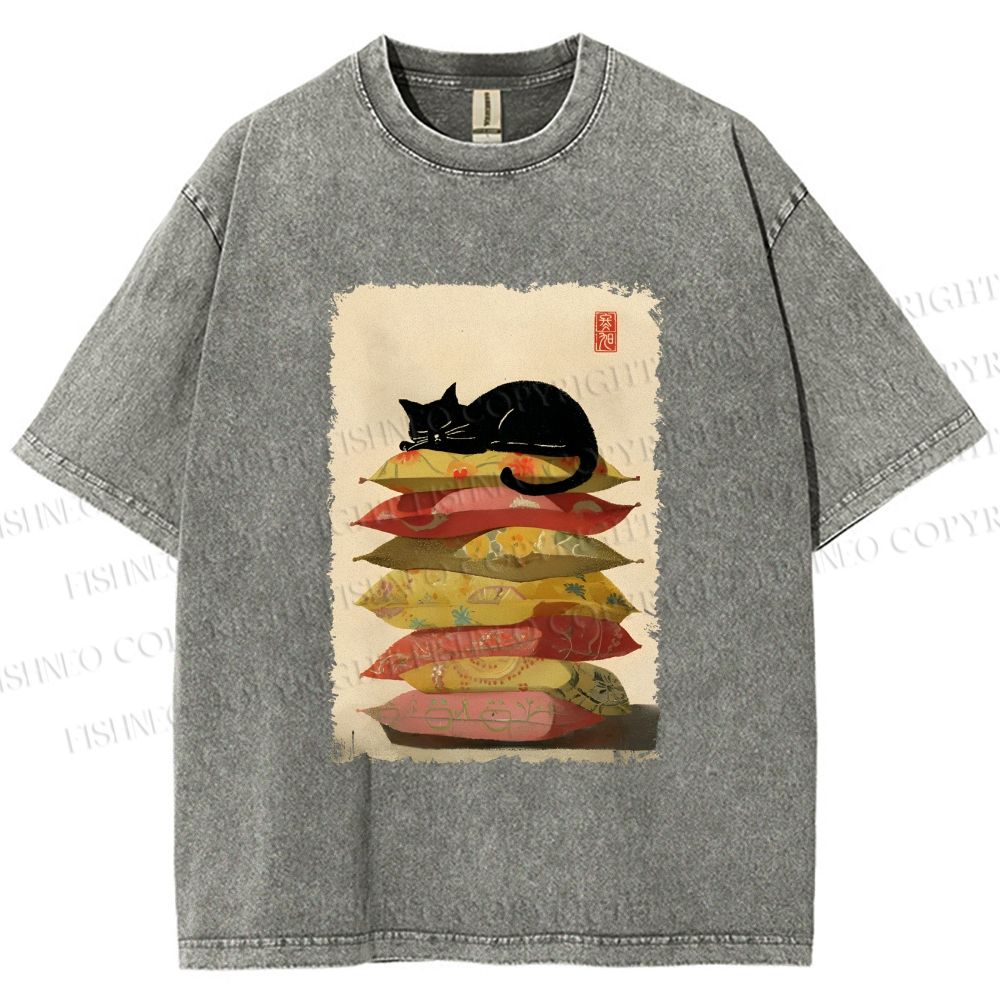 Unisex Sleeping Cat On The Pillows Printed Washed Tee