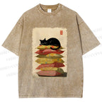 Unisex Sleeping Cat On The Pillows Printed Washed Tee