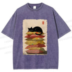 Unisex Sleeping Cat On The Pillows Printed Washed Tee