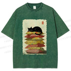 Unisex Sleeping Cat On The Pillows Printed Washed Tee