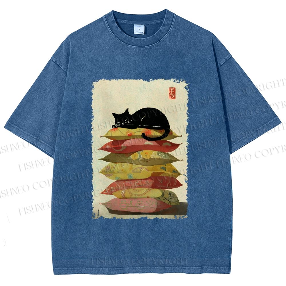Unisex Sleeping Cat On The Pillows Printed Washed Tee