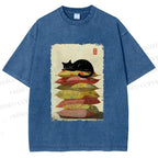 Unisex Sleeping Cat On The Pillows Printed Washed Tee