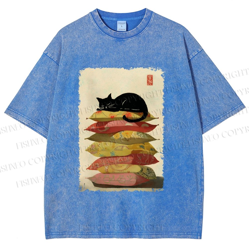 Unisex Sleeping Cat On The Pillows Printed Washed Tee