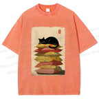 Unisex Sleeping Cat On The Pillows Printed Washed Tee