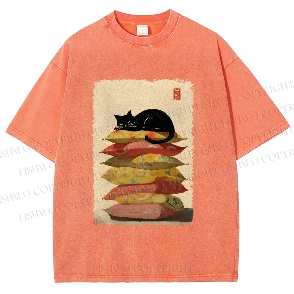 Unisex Sleeping Cat On The Pillows Printed Washed Tee
