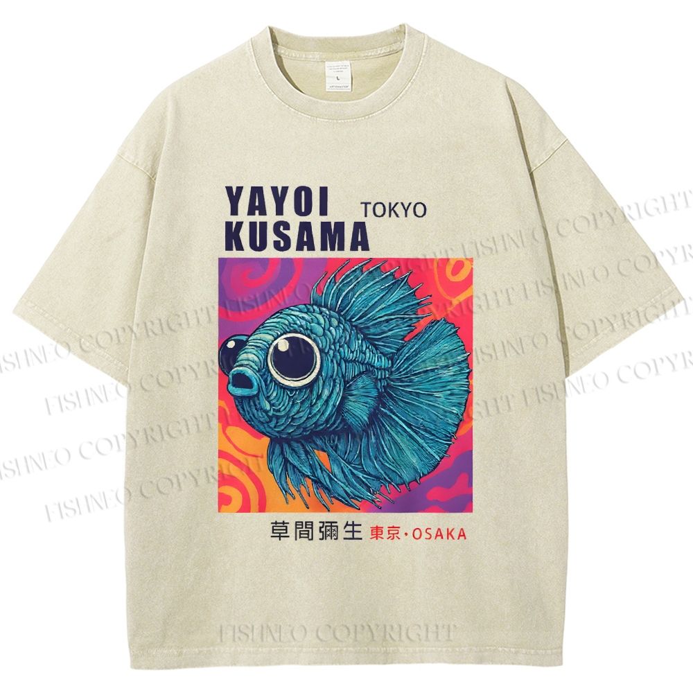 Unisex Yayoi Kusama Fisch Druck Printed Washed Tee