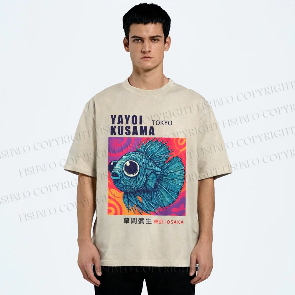 Unisex Yayoi Kusama Fisch Druck Printed Washed Tee