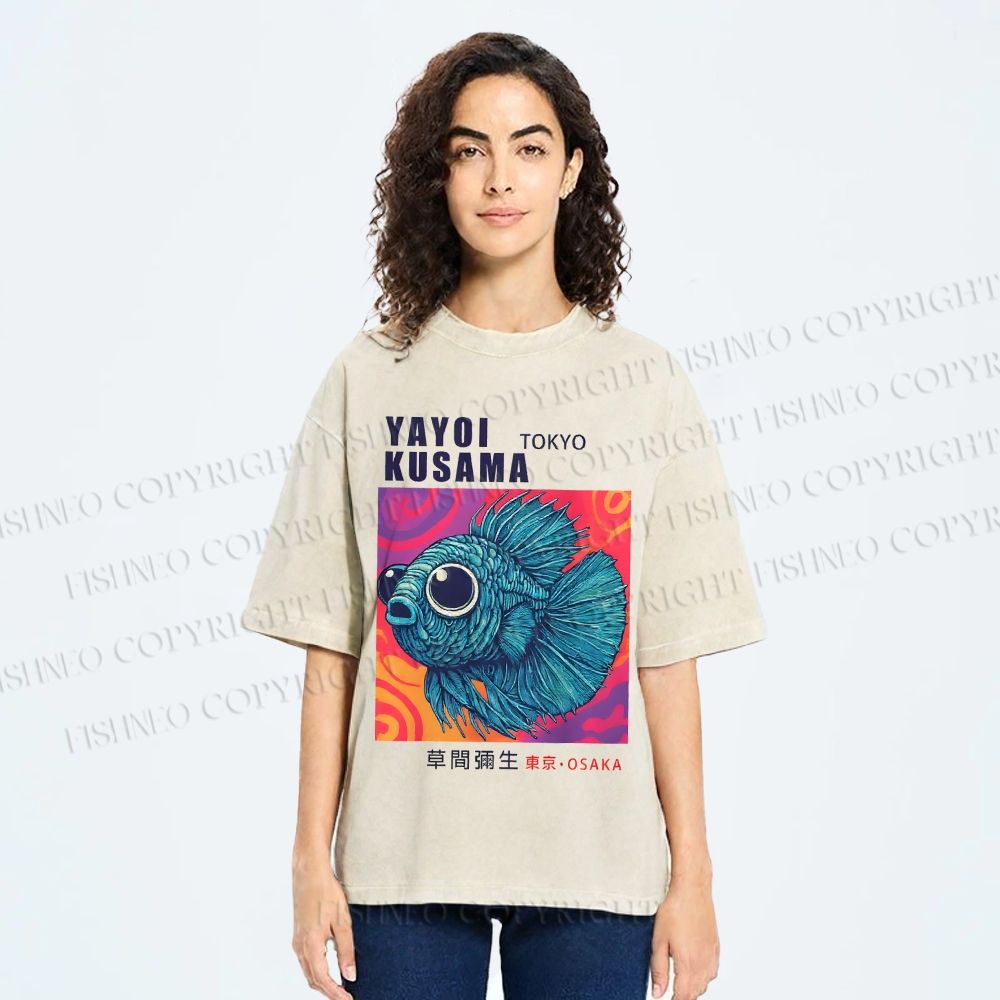 Unisex Yayoi Kusama Fisch Druck Printed Washed Tee