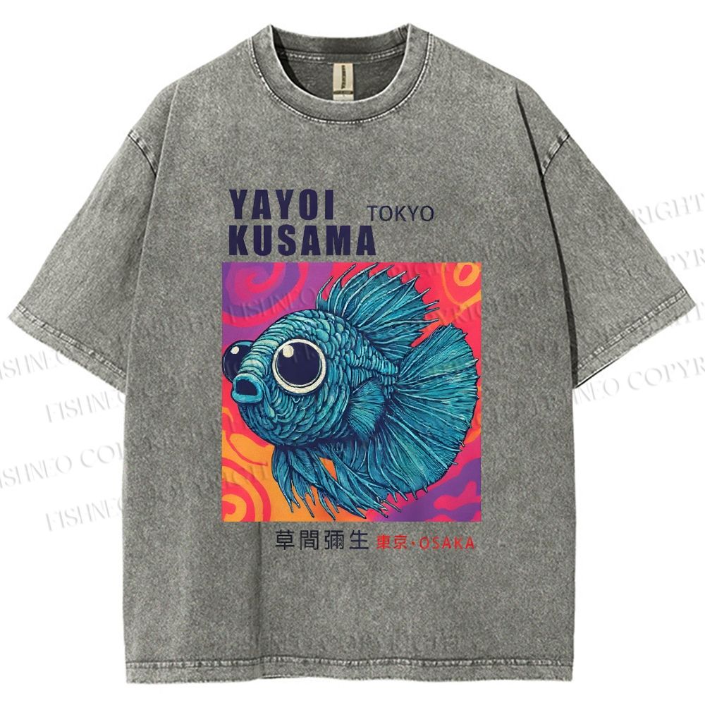 Unisex Yayoi Kusama Fisch Druck Printed Washed Tee