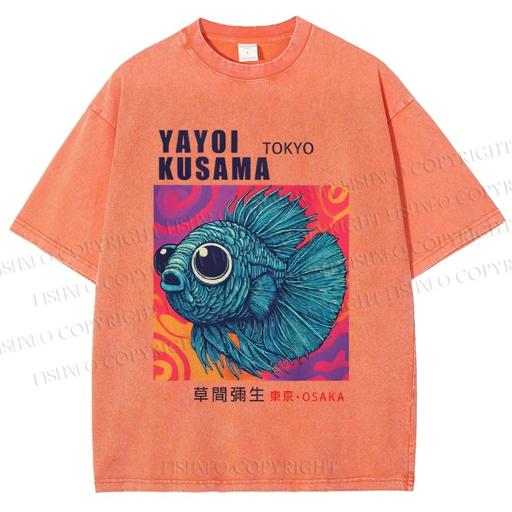 Unisex Yayoi Kusama Fisch Druck Printed Washed Tee