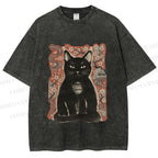 Unisex Japanese Black Cat Sakura Printed Washed Tee