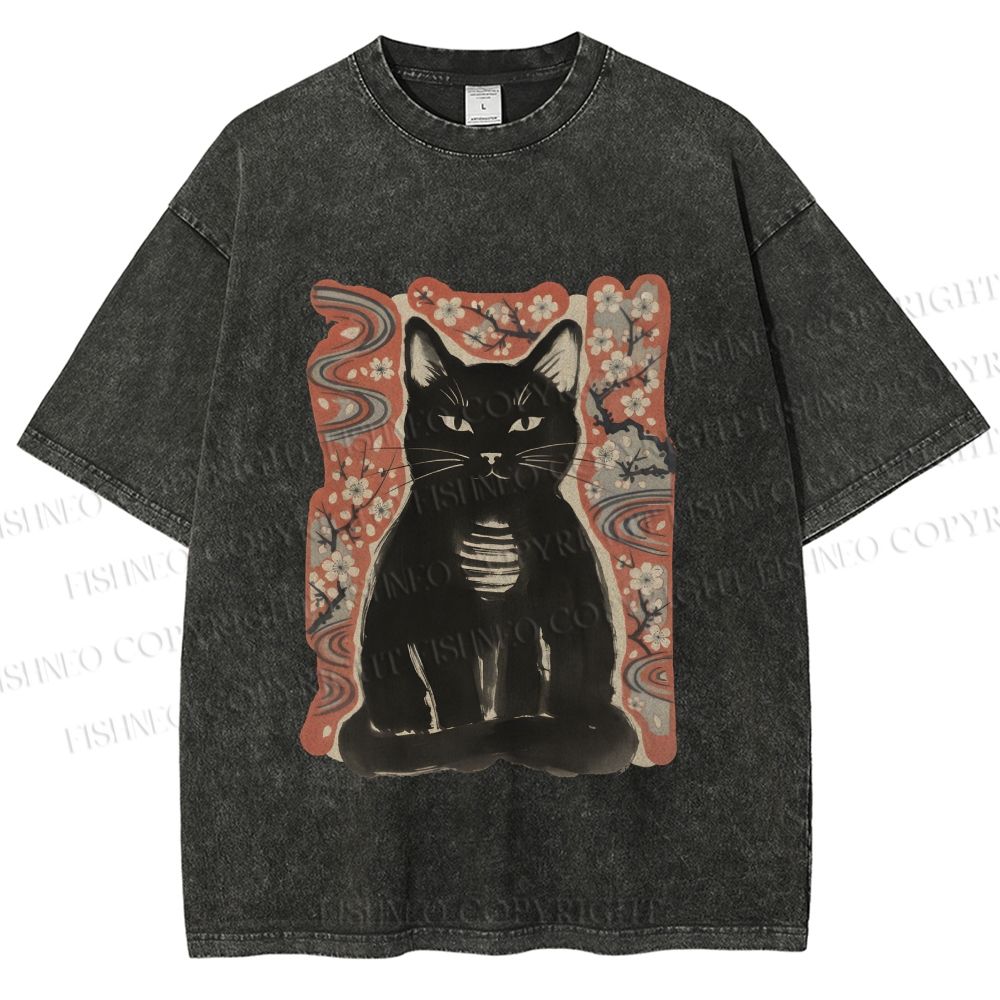 Unisex Japanese Black Cat Sakura Printed Washed Tee