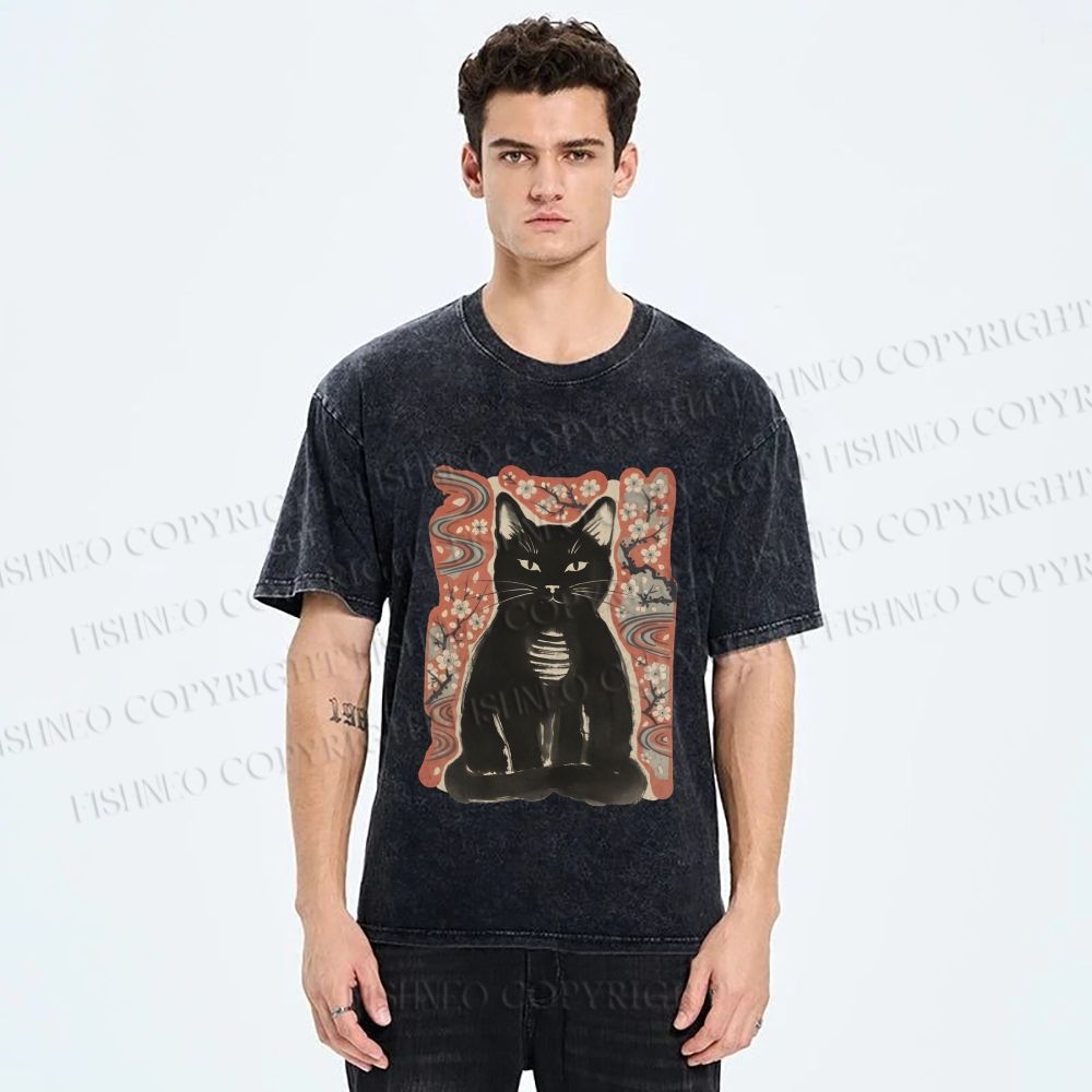 Unisex Japanese Black Cat Sakura Printed Washed Tee