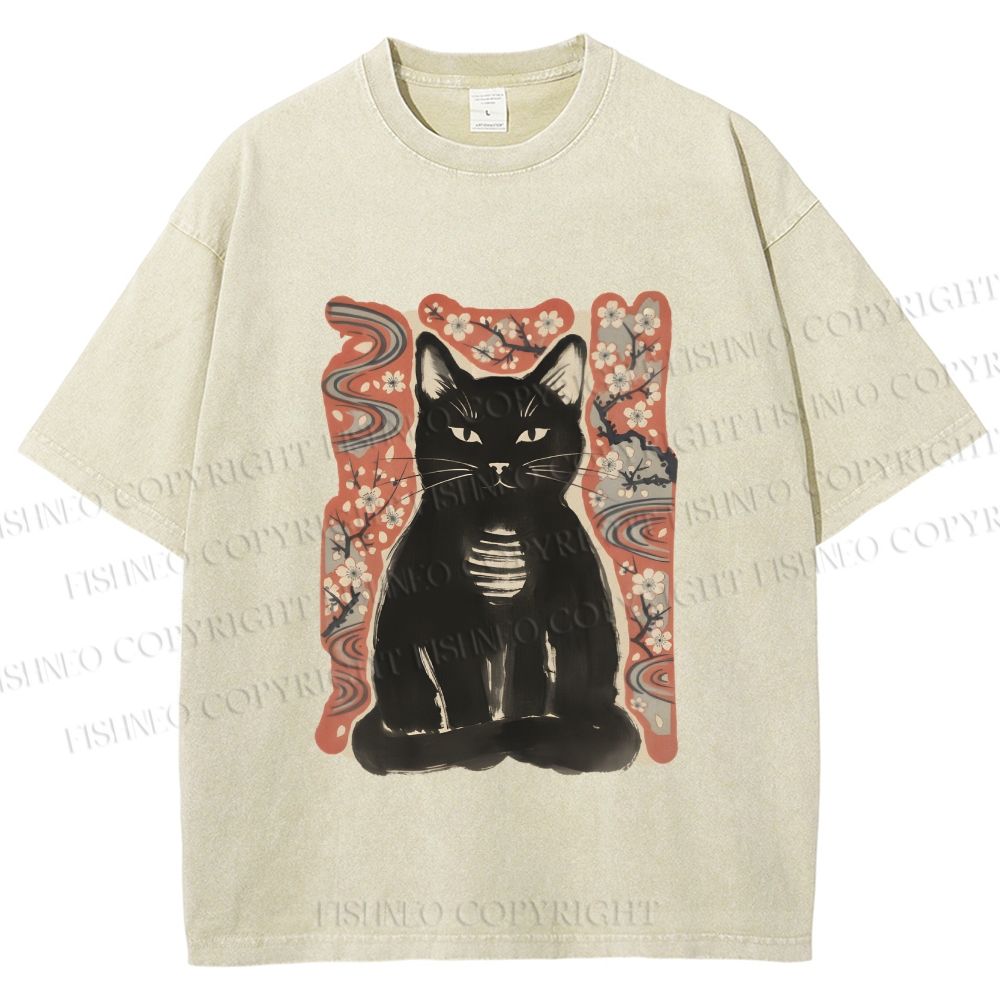 Unisex Japanese Black Cat Sakura Printed Washed Tee