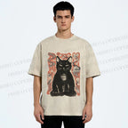 Unisex Japanese Black Cat Sakura Printed Washed Tee