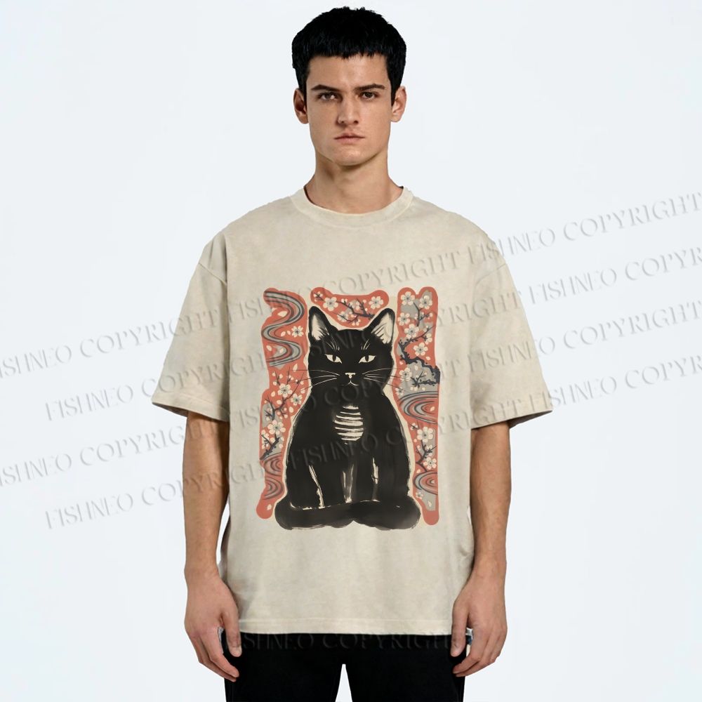 Unisex Japanese Black Cat Sakura Printed Washed Tee