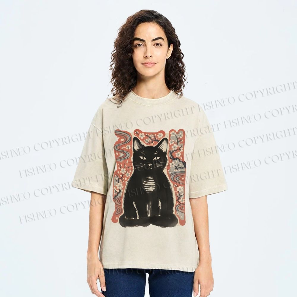 Unisex Japanese Black Cat Sakura Printed Washed Tee