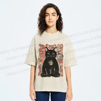 Unisex Japanese Black Cat Sakura Printed Washed Tee