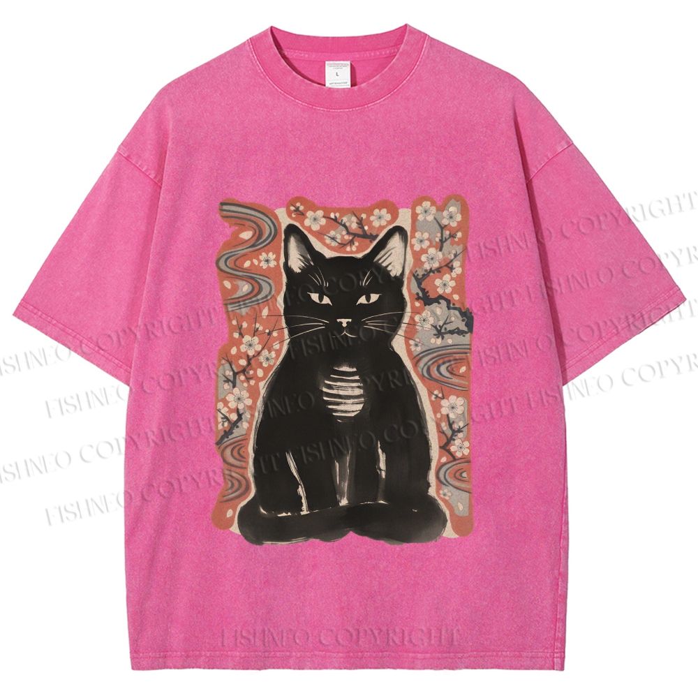 Unisex Japanese Black Cat Sakura Printed Washed Tee