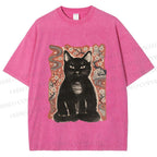 Unisex Japanese Black Cat Sakura Printed Washed Tee