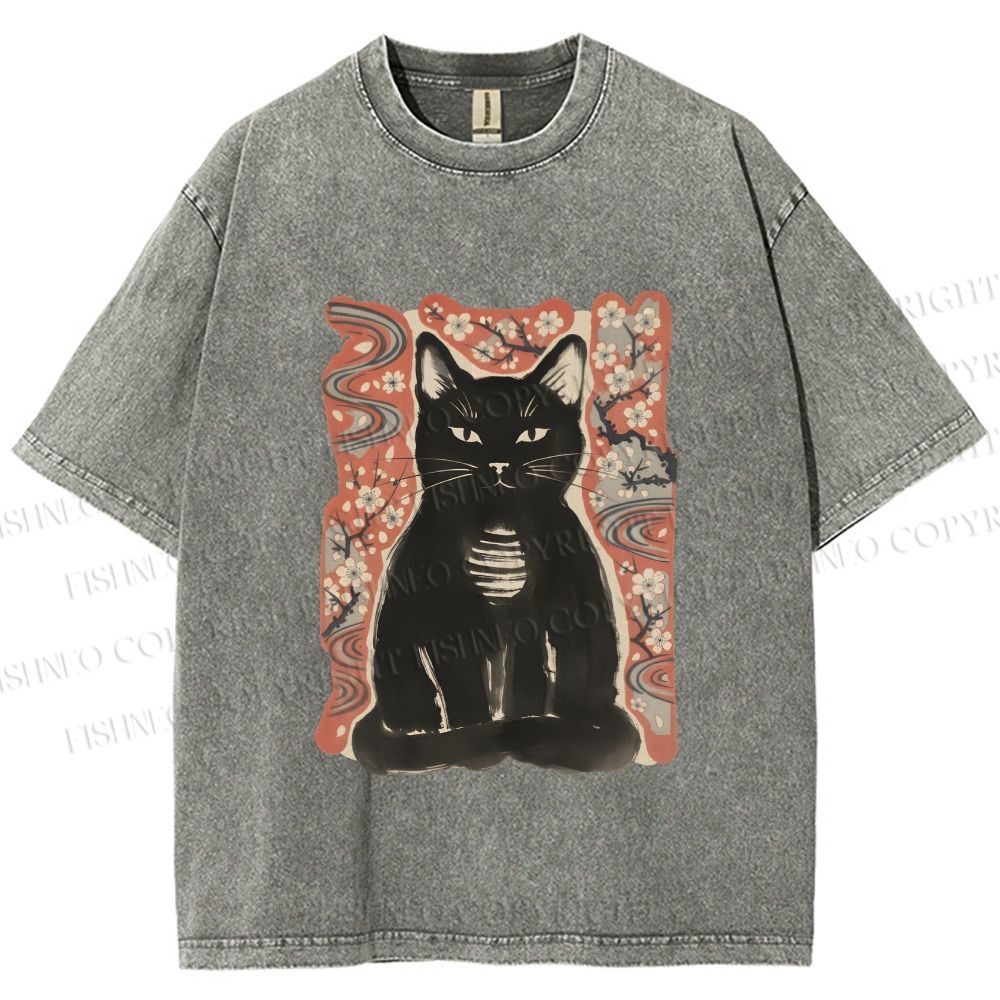 Unisex Japanese Black Cat Sakura Printed Washed Tee