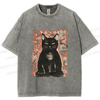 Unisex Japanese Black Cat Sakura Printed Washed Tee