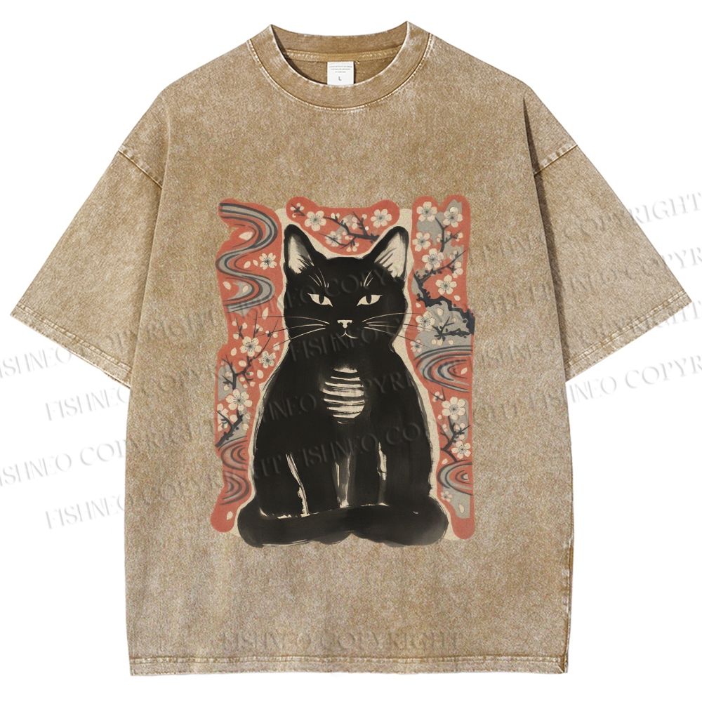 Unisex Japanese Black Cat Sakura Printed Washed Tee