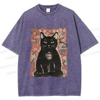 Unisex Japanese Black Cat Sakura Printed Washed Tee