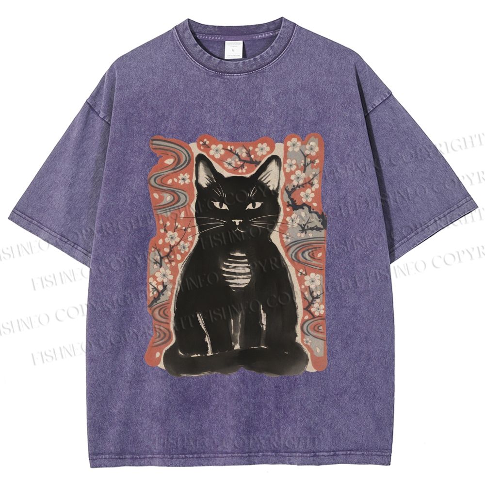 Unisex Japanese Black Cat Sakura Printed Washed Tee