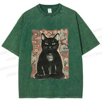 Unisex Japanese Black Cat Sakura Printed Washed Tee